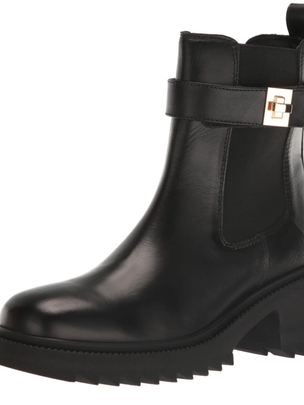 Steve Madden Black Leather Chelsea Boot with Gold Buckle